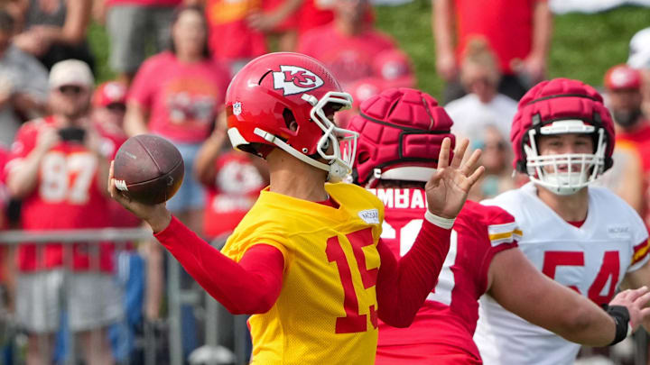 Jul 22, 2025; St. Joseph, MO, USA; Kansas City Chiefs quarterback Patrick Mahomes (15) throws a pass during training camp at Missouri Western State University. Mandatory Credit: Denny Medley-Imagn Images