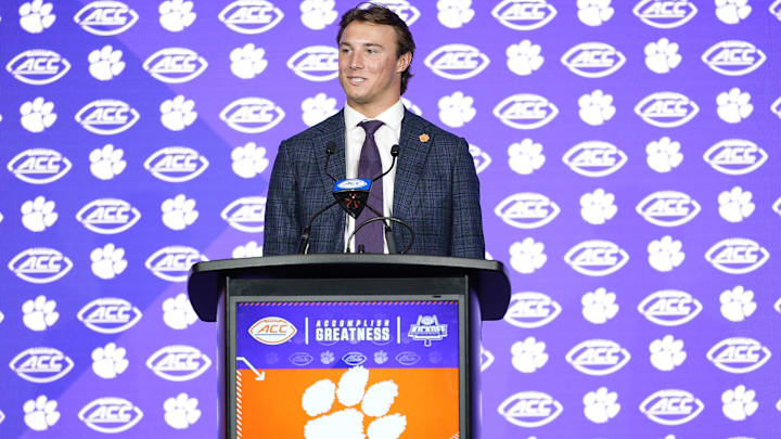 Jul 24, 2025; Charlotte, NC, USA;  Clemson quarterback Cade Klubnik answers questions from the media during ACC Media Days at Hilton Charlotte Uptown. Mandatory Credit: Jim Dedmon-Imagn Images