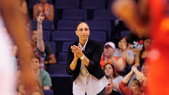 Jun. 20, 2012; Phoenix, AZ, USA; Phoenix Mercury guard Diana Taurasi (3) reacts on the sidelines at the game against the Washington Mystics during the second half at US Airways Center. The Mercury defeated the Mystics 79-77. Mandatory Credit: Jennifer Stewart-Imagn Images