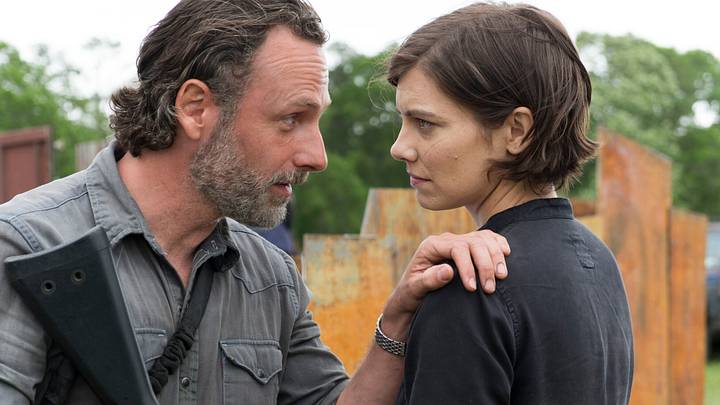 Andrew Lincoln as Rick Grimes and Lauren Cohan as Maggie Greene in The Walking Dead Season 8, Episode 1 