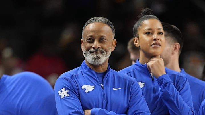 Mar 6, 2026; Greenville, SC, USA; Kentucky Wildcats head coach Kenny Brooks during the first half against the South Carolina Gamecocks at Bon Secours Wellness Arena. Mandatory Credit: Jim Dedmon-Imagn Images Mar 6, 2026; Greenville, SC, USA; Kentucky Wildcats head coach Kenny Brooks during the first half against the South Carolina Gamecocks at Bon Secours Wellness Arena. Mandatory Credit: Jim Dedmon-Imagn Images