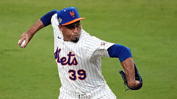 Jul 15, 2025; Cumberland, Georgia, USA; National League pitcher Edwin Diaz (39) of the New York Mets pitches during the ninth inning during the 2025 MLB All Star Game at Truist Park. Mandatory Credit: Dale Zanine-Imagn Images