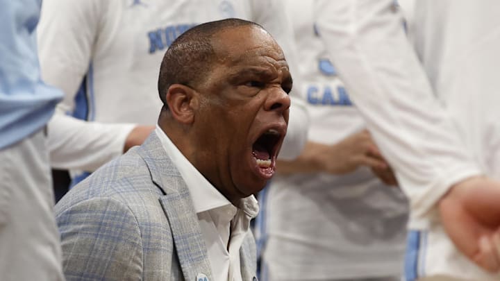Mar 15, 2024; Washington, D.C., USA; North Carolina Tar Heels head coach Hubert Davis yells at his team in a huddle during a timeout against the Pittsburgh Panthers in the first half at Capital One Arena. Mandatory Credit: Geoff Burke-Imagn Images