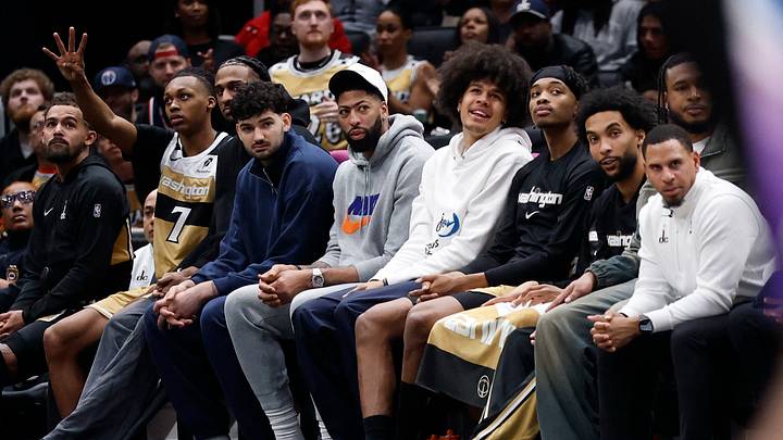 Mar 5, 2026; Washington, District of Columbia, USA; Injured Washington Wizards forward Anthony Davis (M) watches from the bench against the Utah Jazz in the first halfat Capital One Arena. Mandatory Credit: Geoff Burke-Imagn Images