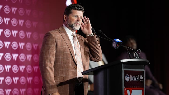 Jul 24, 2025; Virginia Tech head coach Brent Pry answers questions from the media during ACC Media Days in Charlotte, N.C.