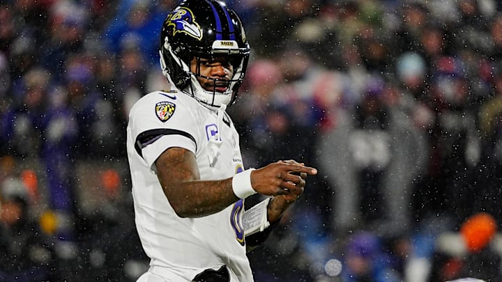 Baltimore Ravens quarterback Lamar Jackson directs his teammates before the snap during first half action at the Buffalo Bills divisional game against the Baltimore Ravens at Highmark Stadium in Orchard Park on Jan. 19, 2025.