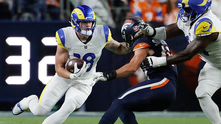 Sep 27, 2026; Denver, Colorado, USA; Los Angeles Rams tight end Terrance Ferguson (18) runs against Denver Broncos linebacker Alex Singleton (49) during the first half at Empower Field at Mile High. Mandatory Credit: Isaiah J. Downing-Imagn Images Sep 27, 2026; Denver, Colorado, USA; Los Angeles Rams tight end Terrance Ferguson (18) runs against Denver Broncos linebacker Alex Singleton (49) during the first half at Empower Field at Mile High. Mandatory Credit: Isaiah J. Downing-Imagn Images