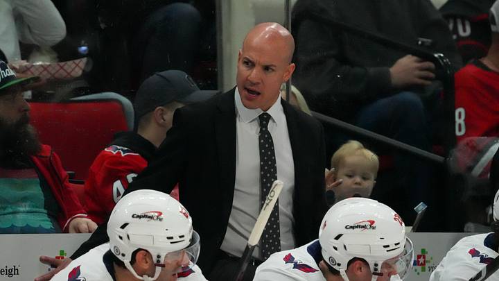 Apr 5, 2024; Raleigh, North Carolina, USA; Washington Capitals head coach Spencer Carbery reacts against the Carolina Hurricanes during the second period at PNC Arena. Mandatory Credit: James Guillory-Imagn Images Apr 5, 2024; Raleigh, North Carolina, USA; Washington Capitals head coach Spencer Carbery reacts against the Carolina Hurricanes during the second period at PNC Arena. Mandatory Credit: James Guillory-Imagn Images