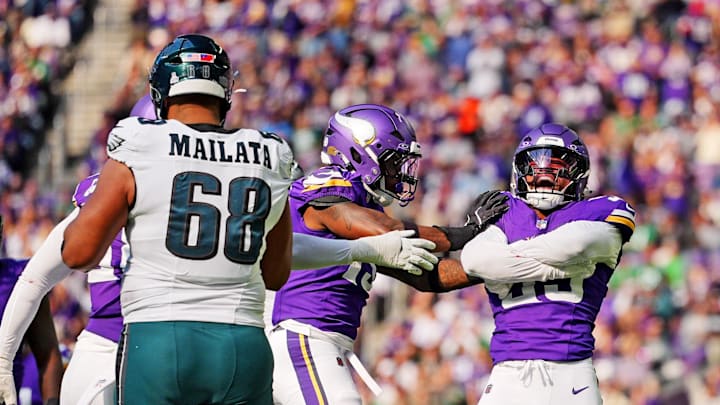 Oct 19, 2025; Minneapolis, Minnesota, USA; Minnesota Vikings linebacker Eric Wilson (55) celebrates after a sack during the second half against the Philadelphia Eagles at U.S. Bank Stadium. Mandatory Credit: Brad Rempel-Imagn Images