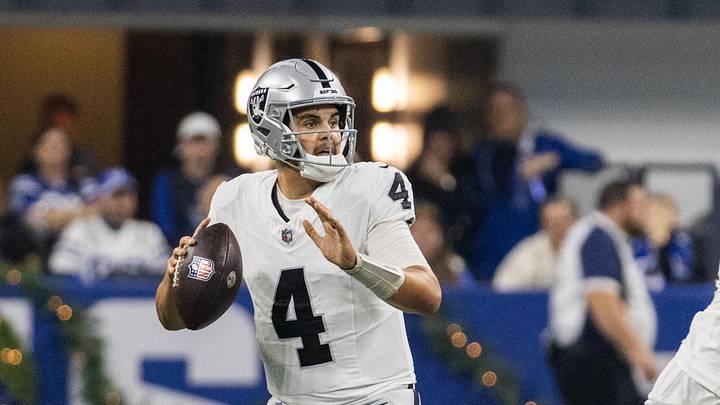 Dec 31, 2023; Indianapolis, Indiana, USA; Las Vegas Raiders quarterback Aidan O'Connell (4) passes the ball in the first half against the Indianapolis Colts at Lucas Oil Stadium. Mandatory Credit: Trevor Ruszkowski-USA TODAY Sports Dec 31, 2023; Indianapolis, Indiana, USA; Las Vegas Raiders quarterback Aidan O'Connell (4) passes the ball in the first half against the Indianapolis Colts at Lucas Oil Stadium. Mandatory Credit: Trevor Ruszkowski-USA TODAY Sports
