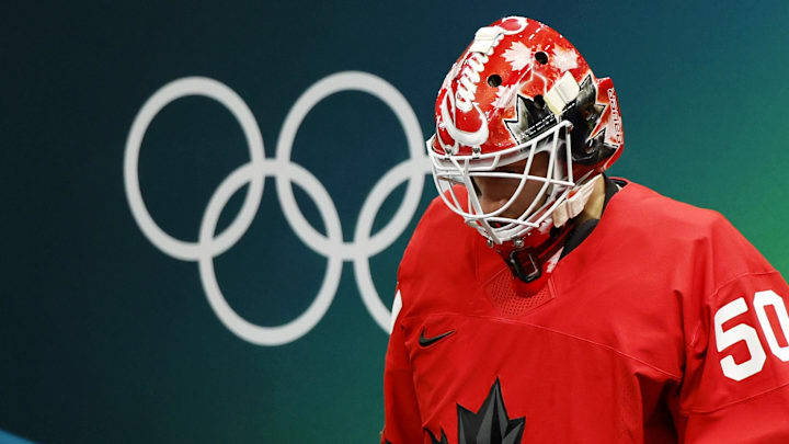 Feb 18, 2026; Milan, Italy; Jordan Binnington of Canada walks onto the ice before a men's ice hockey quarterfinal during the Milano Cortina 2026 Olympic Winter Games at Milano Santagiulia Ice Hockey Arena. Mandatory Credit: Geoff Burke-Imagn Images Feb 18, 2026; Milan, Italy; Jordan Binnington of Canada walks onto the ice before a men's ice hockey quarterfinal during the Milano Cortina 2026 Olympic Winter Games at Milano Santagiulia Ice Hockey Arena. Mandatory Credit: Geoff Burke-Imagn Images