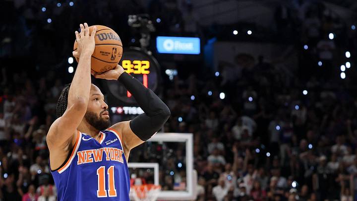 Jun 13, 2026; San Antonio, Texas, USA; New York Knicks guard Jalen Brunson (11) shoots the ball against the San Antonio Spurs in the first half during game five of the 2026 NBA Finals at Frost Bank Center. Mandatory Credit: Geoff Burke-Imagn Images Jun 13, 2026; San Antonio, Texas, USA; New York Knicks guard Jalen Brunson (11) shoots the ball against the San Antonio Spurs in the first half during game five of the 2026 NBA Finals at Frost Bank Center. Mandatory Credit: Geoff Burke-Imagn Images