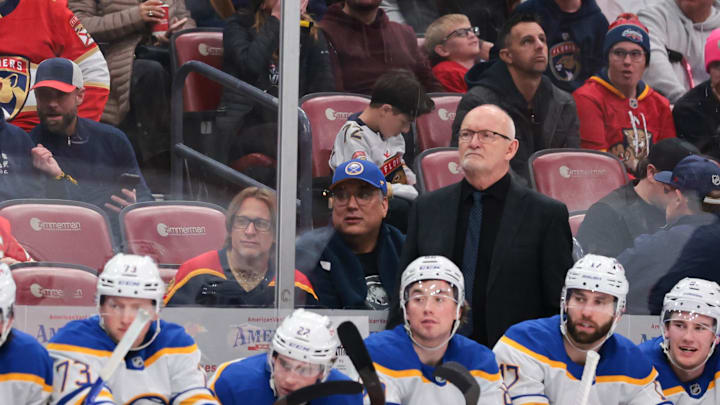Feb 2, 2026; Sunrise, Florida, USA; Buffalo Sabres head coach Lindy Ruff looks on from the bench against the Florida Panthers during the third period at Amerant Bank Arena. Mandatory Credit: Sam Navarro-Imagn Images