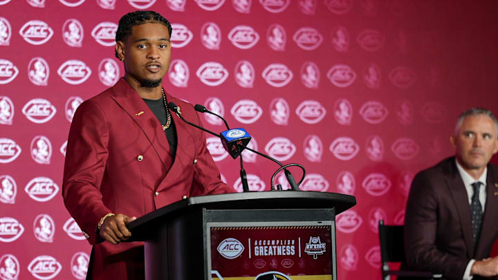 Jul 23, 2025; Charlotte, NC, USA; FSU defensive back Earl Little Jr.answers questions from the media during ACC Media days at Hilton Charlotte Uptown. Mandatory Credit: Jim Dedmon-Imagn Images