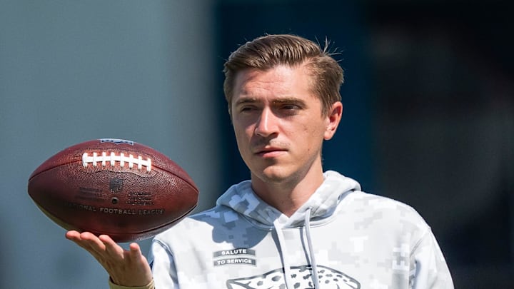 Jacksonville Jaguars general manager James Gladstone spins a football in his hand after the Jacksonville Jaguars’ third mandatory minicamp Thursday June 12, 2025 at the Miller Electric Center in Jacksonville, Fla. [Doug Engle/Florida Times-Union]