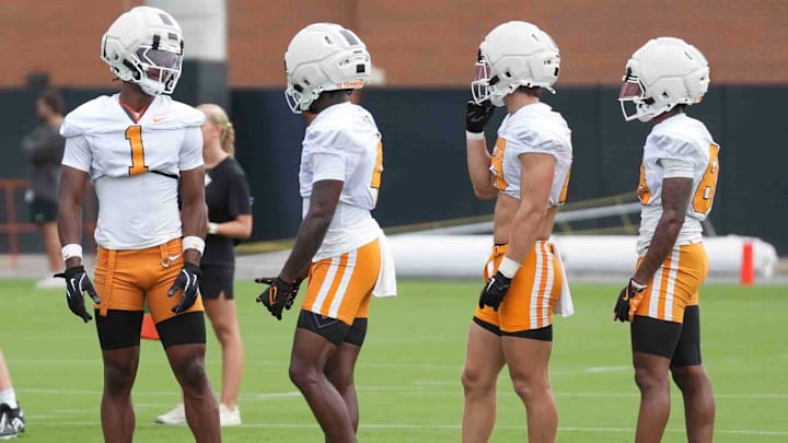 Tennessee wide receiver Travis Smith Jr. (1) and teammates during Tennessee football preseason practice, in Knoxville, Tennessee, July 31, 2025.