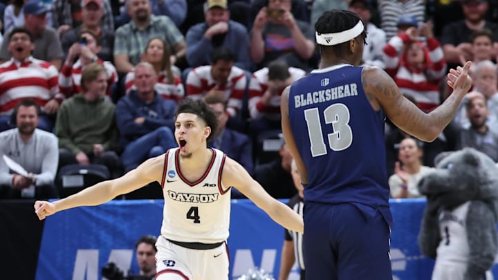 Mar 21, 2024; Salt Lake City, UT, USA; Dayton Flyers guard Koby Brea (4) celebrates during the NCAA Tournament against Nevada. 