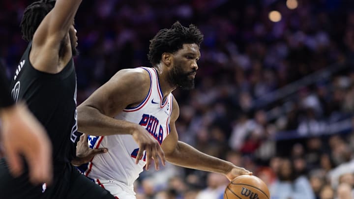 Feb 22, 2025; Philadelphia, Pennsylvania, USA; Philadelphia 76ers center Joel Embiid (21) in action against the Brooklyn Nets at Wells Fargo Center. Mandatory Credit: Bill Streicher-Imagn Images Feb 22, 2025; Philadelphia, Pennsylvania, USA; Philadelphia 76ers center Joel Embiid (21) in action against the Brooklyn Nets at Wells Fargo Center. Mandatory Credit: Bill Streicher-Imagn Images