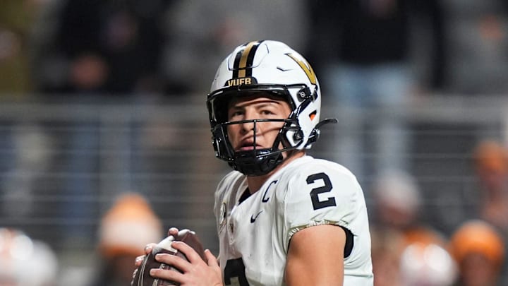 Vanderbilt quarterback Diego Pavia (2) looks for an open receiver during the NCAA college football game against Tennessee on Nov. 29, 2025, in Knoxville, Tennessee.