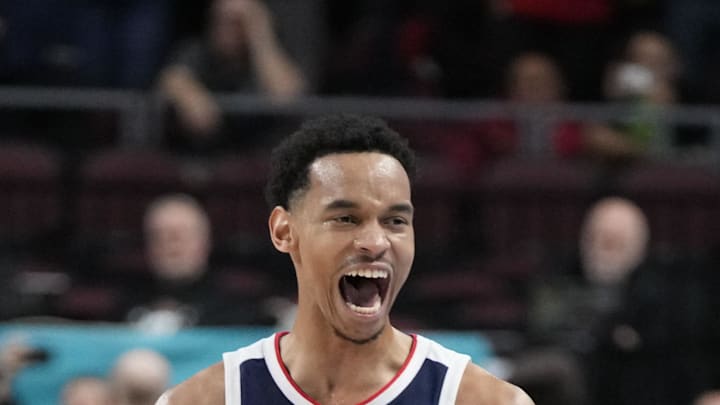 March 11, 2025; Las Vegas, NV, USA; Gonzaga Bulldogs guard Nolan Hickman (11) celebrates against the St. Mary's Gaels during the second half in the final of the West Coast Conference tournament at Orleans Arena. Mandatory Credit: Kyle Terada-Imagn Images