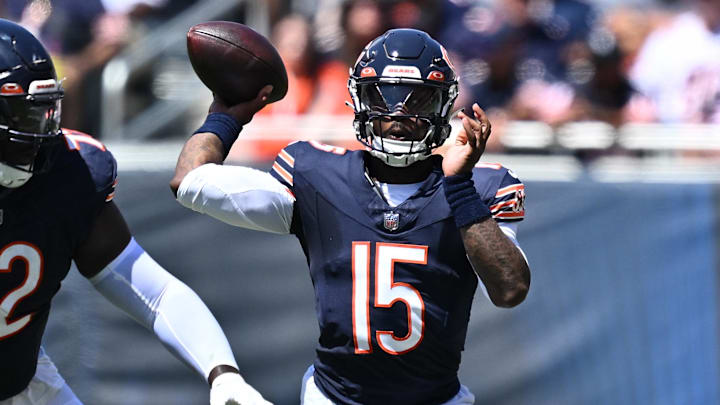 Aug 12, 2023; Chicago, Illinois, USA;  Chicago Bears quarterback P.J. Walker (15) passes against the Tennessee Titans in the first half at Soldier Field.