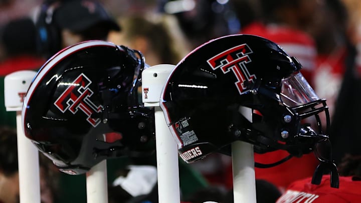 Aug 31, 2024; Lubbock, Texas, USA;  A general view of Texas Tech Red Raiders helmets on the bench in the second half during the game against the Abilene Christian Wildcats at Jones AT&T Stadium and Cody Campbell Field. Mandatory Credit: Michael C. Johnson-Imagn Images