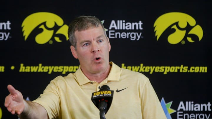 Iowa men’s wrestling coach Tom Brands speaks to reporters during the team’s media day Thursday, Oct. 31, 2024 in Iowa City, Iowa. Iowa men’s wrestling coach Tom Brands speaks to reporters during the team’s media day Thursday, Oct. 31, 2024 in Iowa City, Iowa.