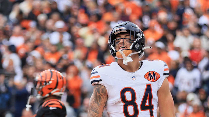Nov 2, 2025; Cincinnati, Ohio, USA; Chicago Bears tight end Colston Loveland (84) reacts after catching a 5-yard touchdown pass thrown by quarterback Caleb Williams (not pictured) against the Cincinnati Bengals during the third quarter at Paycor Stadium. Mandatory Credit: Katie Stratman-Imagn Images