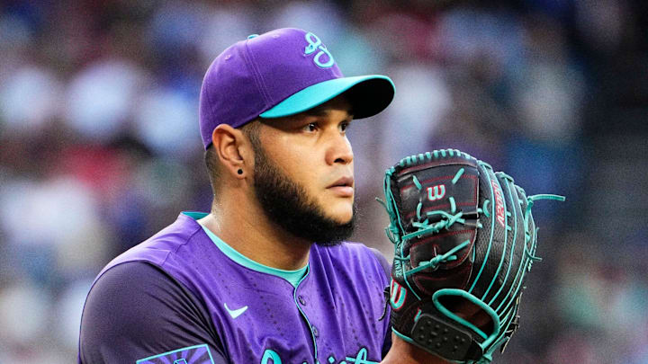 Arizona Diamondbacks starting pitcher Eduardo Rodriguez throws to the Los Angeles Dodgers in the first inning at Chase Field in Phoenix, on May 9, 2025.