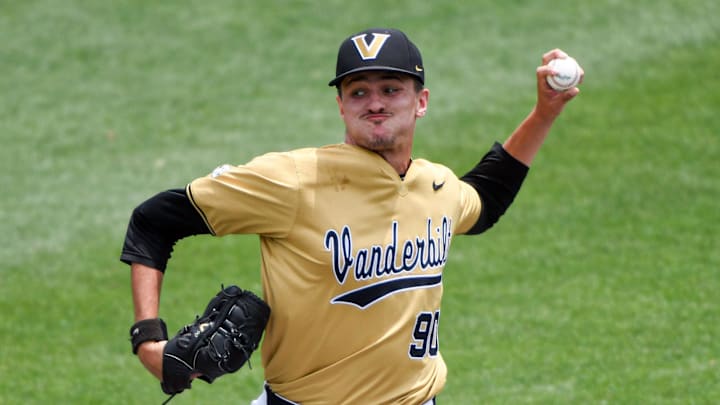 Jun 1, 2024; Clemson, South Carolina, USA; Vanderbilt Commodores pitcher Miller Green (90) throws against the High Point Panthers during the sixth inning in the Clemson Regional at Doug Kingsmore Stadium. Mandatory Credit: Ken Ruinard-Imagn Images