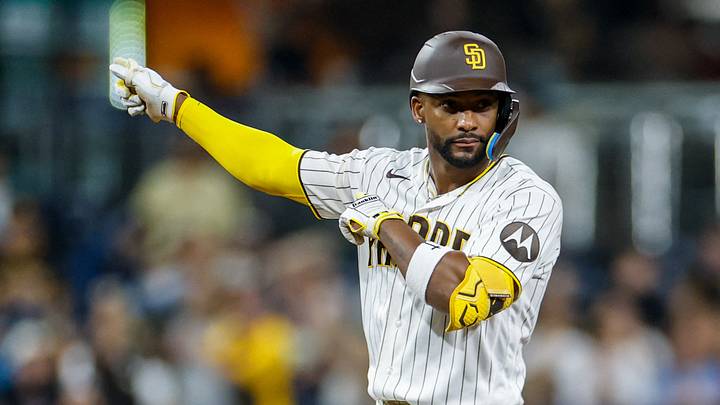 Jul 8, 2026; San Diego, California, USA; San Diego Padres designated hitter Miguel Andujar (41) celebrates after hitting a RBI double during the seventh inning against the Arizona Diamondbacks at Petco Park. Mandatory Credit: David Frerker-Imagn Images