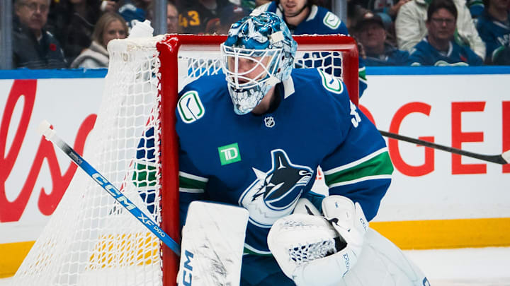 Nov 11, 2025; Vancouver, British Columbia, CAN; Vancouver Canucks goalie Thatcher Demko (35) in the net against the Winnipeg Jets in the first period at Rogers Arena. Mandatory Credit: Bob Frid-Imagn Images Nov 11, 2025; Vancouver, British Columbia, CAN; Vancouver Canucks goalie Thatcher Demko (35) in the net against the Winnipeg Jets in the first period at Rogers Arena. Mandatory Credit: Bob Frid-Imagn Images