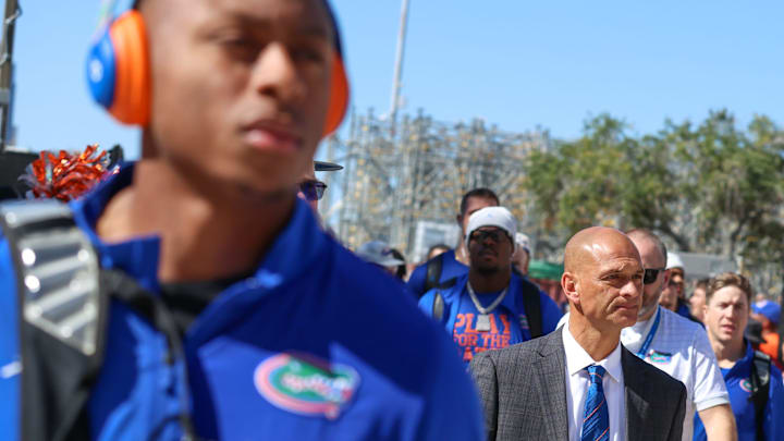 Florida Gators interim head coach Billy Gonzales head during gator walk during an NCAA football game at Everbank Stadium in Jacksonville, FL on Saturday, November 1, 2025. [Alan Youngblood/Gainesville Sun]