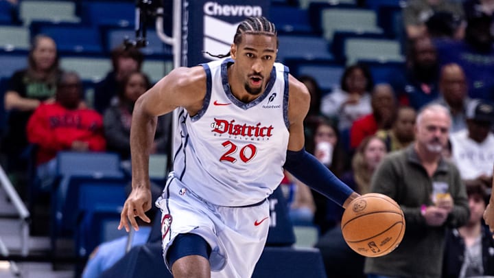 Jan 3, 2025; New Orleans, Louisiana, USA; Washington Wizards forward Alexandre Sarr (20) dribbles against the New Orleans Pelicans during the first half at Smoothie King Center. Mandatory Credit: Stephen Lew-Imagn Images Jan 3, 2025; New Orleans, Louisiana, USA; Washington Wizards forward Alexandre Sarr (20) dribbles against the New Orleans Pelicans during the first half at Smoothie King Center. Mandatory Credit: Stephen Lew-Imagn Images