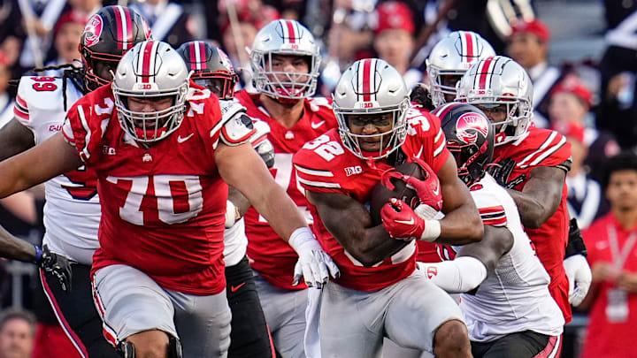 Sep 16, 2023; Columbus, Ohio, USA; Ohio State Buckeyes running back TreVeyon Henderson (32) gets a