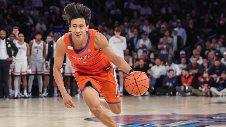 Dec 9, 2025; New York, New York, USA; Florida Gators guard Xaivian Lee (1) at Madison Square Garden. Mandatory Credit: Wendell Cruz-Imagn Images Dec 9, 2025; New York, New York, USA; Florida Gators guard Xaivian Lee (1) at Madison Square Garden. Mandatory Credit: Wendell Cruz-Imagn Images