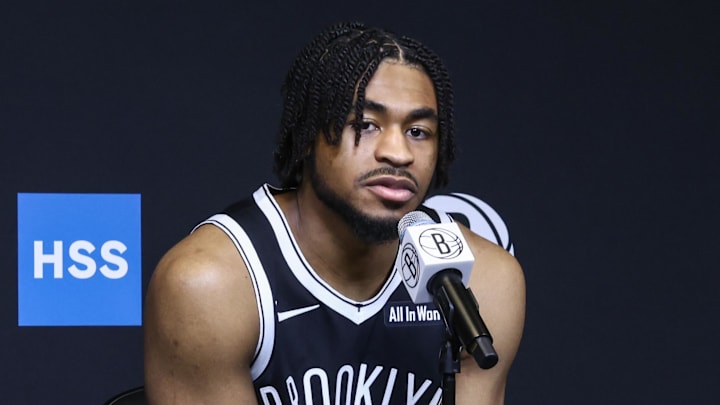 Sep 23, 2025; Brooklyn, NY, USA;  Brooklyn Nets guard Cam Thomas (24) speaks at Media Day. Mandatory Credit: Wendell Cruz-Imagn Images