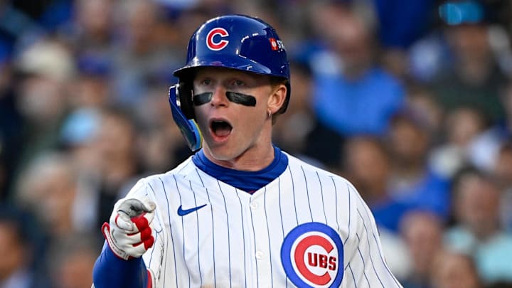 Oct 8, 2025; Chicago, Illinois, USA; Chicago Cubs center fielder Pete Crow-Armstrong (4) reacts after striking out against the Milwaukee Brewers in the third inning during game three of the NLDS round for the 2025 MLB playoffs at Wrigley Field. Mandatory Credit: Matt Marton-Imagn Images Oct 8, 2025; Chicago, Illinois, USA; Chicago Cubs center fielder Pete Crow-Armstrong (4) reacts after striking out against the Milwaukee Brewers in the third inning during game three of the NLDS round for the 2025 MLB playoffs at Wrigley Field. Mandatory Credit: Matt Marton-Imagn Images