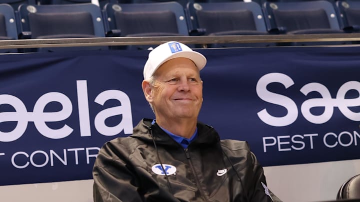 Jan 12, 2023; Provo, Utah, USA; Utah Jazz CEO and former Brigham Young Cougars player Danny Ainge looks on prior to a game between the Brigham Young Cougars and the Gonzaga Bulldogs at Marriott Center. Mandatory Credit: Rob Gray-Imagn Images