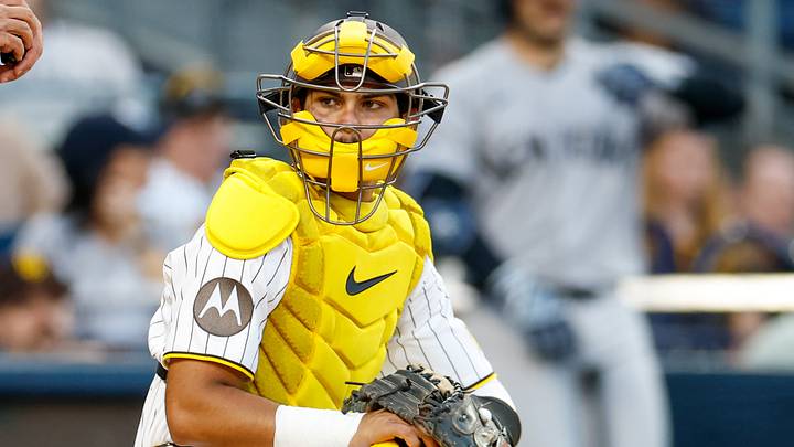San Diego Padres catcher Ethan Salas (8) looks to the dugout during the seventh inning against the New York Yankees at Petco Park on Sept. 5, 2026. San Diego Padres catcher Ethan Salas (8) looks to the dugout during the seventh inning against the New York Yankees at Petco Park on Sept. 5, 2026.
