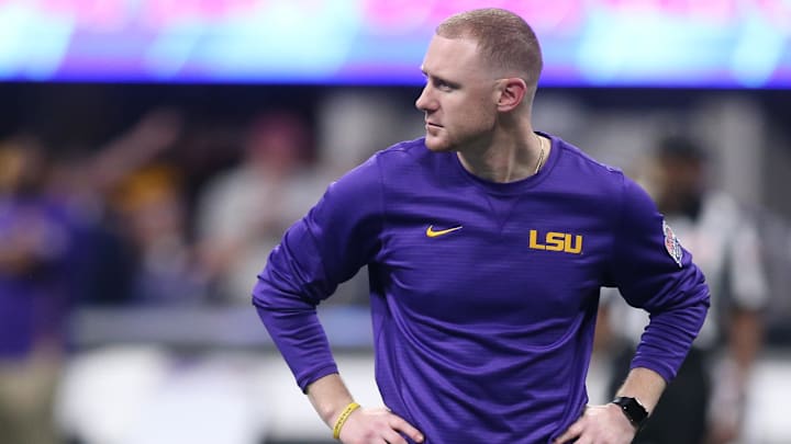 Dec 28, 2019; Atlanta, Georgia, USA; LSU Tigers passing game coordinator/wide receivers coach Joe Brady looks on before the 2019 Peach Bowl college football playoff semifinal game against the Oklahoma Sooners. Mandatory Credit: Brett Davis-Imagn Images