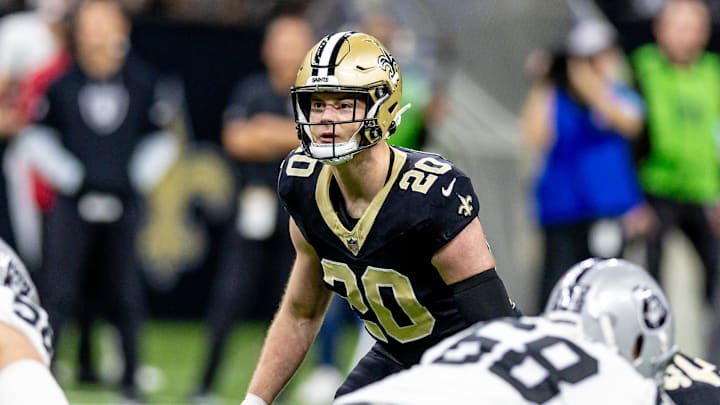 Dec 29, 2024; New Orleans, Louisiana, USA; New Orleans Saints linebacker Pete Werner (20) looks on against the Las Vegas Raiders during the first half at Caesars Superdome. Mandatory Credit: Stephen Lew-Imagn Images Dec 29, 2024; New Orleans, Louisiana, USA; New Orleans Saints linebacker Pete Werner (20) looks on against the Las Vegas Raiders during the first half at Caesars Superdome. Mandatory Credit: Stephen Lew-Imagn Images