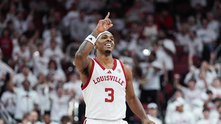 Guard Ryan Conwell celebrates after hitting a 3-pointer for Louisville during a game against N.C. State during a game on Feb. 9, 2026. Guard Ryan Conwell celebrates after hitting a 3-pointer for Louisville during a game against N.C. State during a game on Feb. 9, 2026.