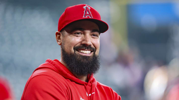 May 21, 2024; Houston, Texas, USA; Los Angeles Angels third baseman Anthony Rendon smiles on the field before the game against the Houston Astros at Minute Maid Park.
