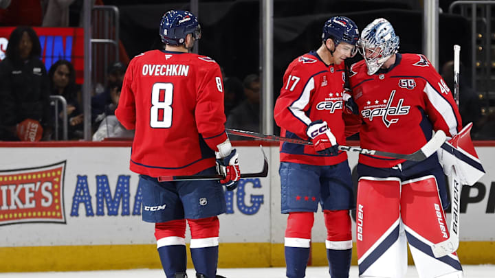 Logan Thompson, Dylan Strome, Alex Ovechkin, Washington Capitals Mandatory Credit: Geoff Burke-Imagn Images