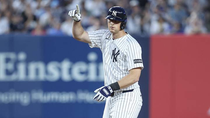 Jun 20, 2025; Bronx, New York, USA;  New York Yankees second baseman DJ LeMahieu (26) gestures after hitting a single in the fourth inning against the Baltimore Orioles at Yankee Stadium. Mandatory Credit: Wendell Cruz-Imagn Images