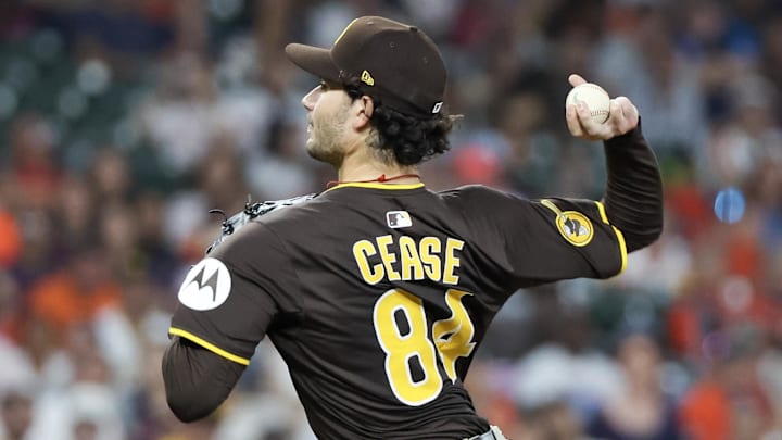 Apr 20, 2025; Houston, Texas, USA; San Diego Padres starting pitcher Dylan Cease (84) pitches against the Houston Astros in the first inning at Daikin Park. Mandatory Credit: Thomas Shea-Imagn Images