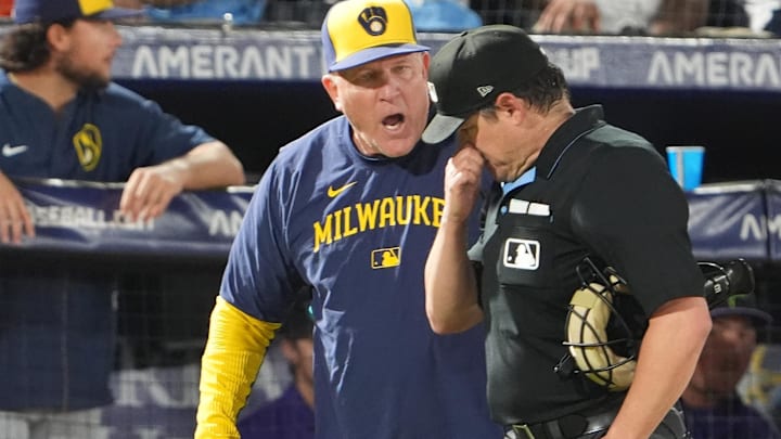 May 9, 2025; Tampa, Florida, USA; Milwaukee Brewers manager Pat Murphy argues with the umpire before being ejected over a controversial call that gave the Tampa Bay Rays a run in the sixth inning at George M. Steinbrenner Field. Mandatory Credit: Dave Nelson-Imagn Images May 9, 2025; Tampa, Florida, USA; Milwaukee Brewers manager Pat Murphy argues with the umpire before being ejected over a controversial call that gave the Tampa Bay Rays a run in the sixth inning at George M. Steinbrenner Field. Mandatory Credit: Dave Nelson-Imagn Images