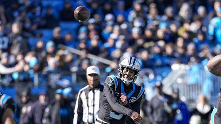 Dec 22, 2024; Charlotte, North Carolina, USA; Carolina Panthers quarterback Bryce Young (9) throws  during the first quarter against the Arizona Cardinals at Bank of America Stadium. Mandatory Credit: Jim Dedmon-Imagn Images