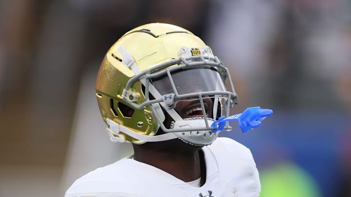 Notre Dame Fighting Irish running back Jeremiyah Love (4) reacts after scoring a touchdown during the first half against the Pittsburgh Panthers at Acrisure Stadium in Pittsburgh, PA on November 15, 2025. Notre Dame Fighting Irish running back Jeremiyah Love (4) reacts after scoring a touchdown during the first half against the Pittsburgh Panthers at Acrisure Stadium in Pittsburgh, PA on November 15, 2025.